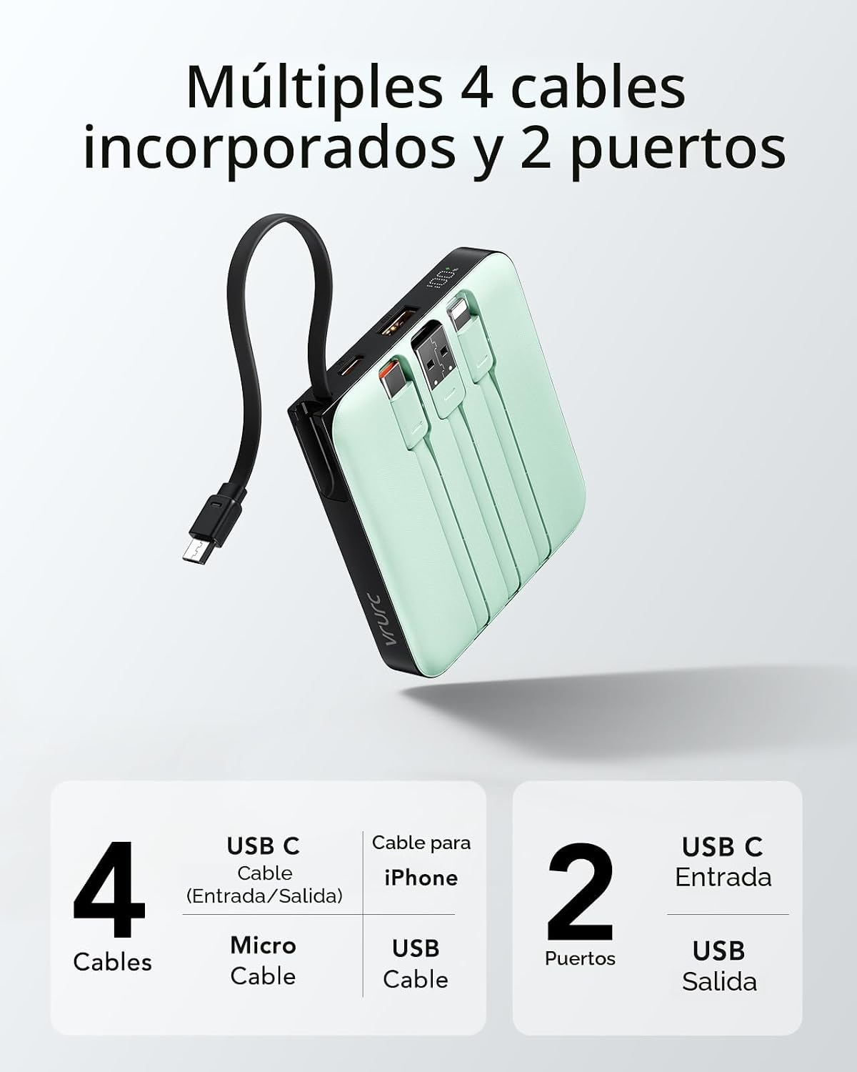 VRURC Cargador portátil con cable incorporado, batería USB C de car...