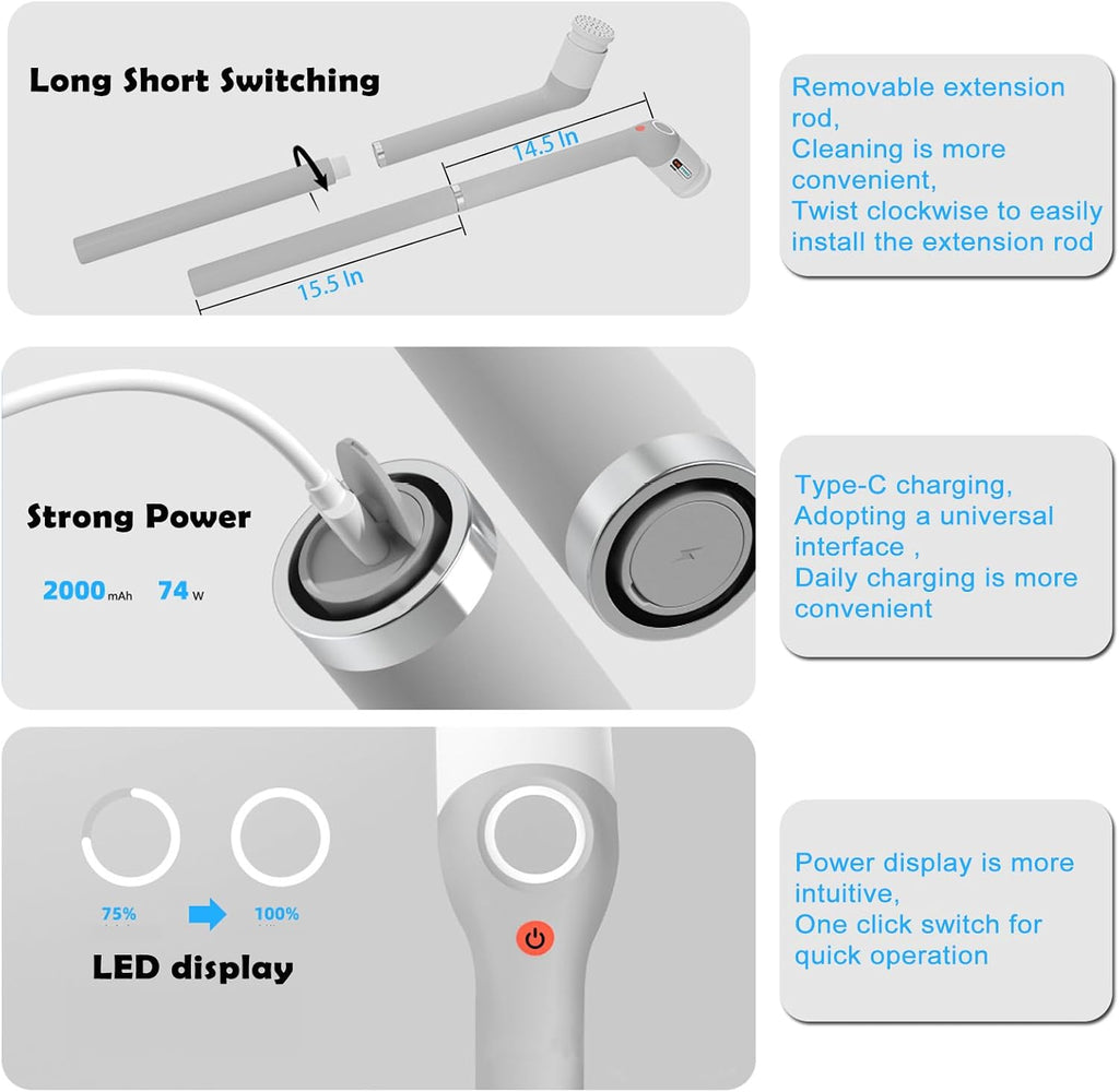 Limpiador eléctrico giratorio, cepillo limpiador de baño con cuerpo completo IPX7 impermeable, limpiador de ducha con mango largo, cepillo de limpieza eléctrica con 9 cabezales de cepillo, limpiador inalámbrico para cocina, bañera, azulejos, galss, suelo