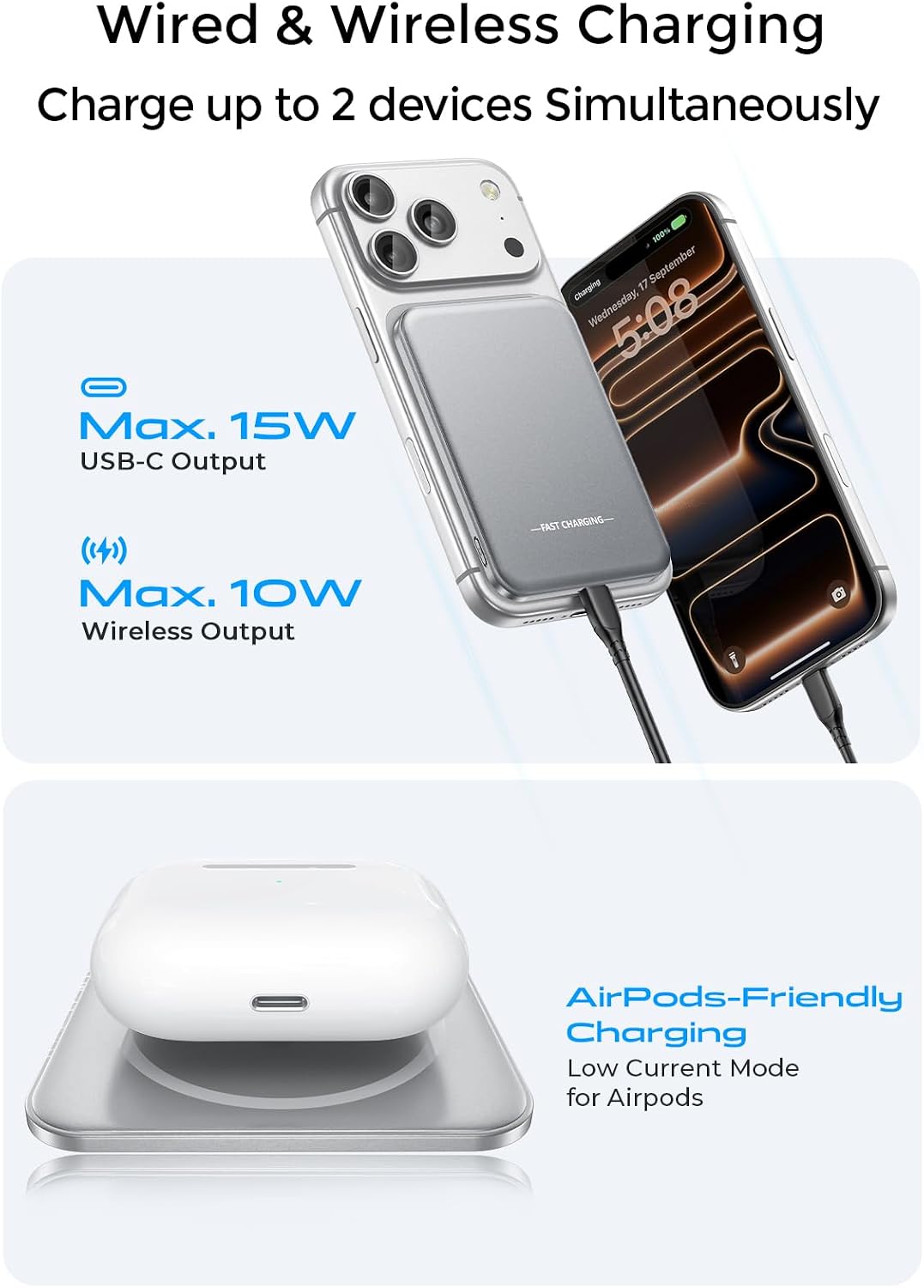 Aobbow para MagSafe Power Bank 5000mAh, cargador portátil inalámbri...