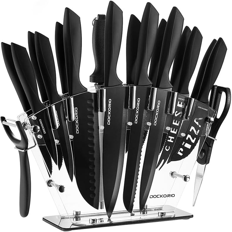 Dockorio Juego de cuchillos de cocina con bloque, 19 piezas de acer...