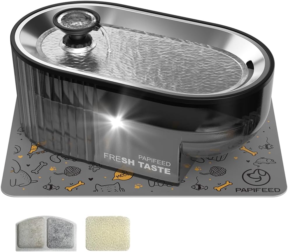 PAPIFEED Fuente de Agua para Gatos + Bandeja de Acero Inoxidable +...