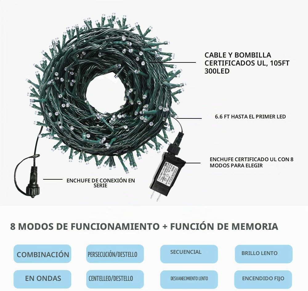 VTECHOLOGY: Cadena de 300 luces LED para árbol de Navidad de 105 pi...