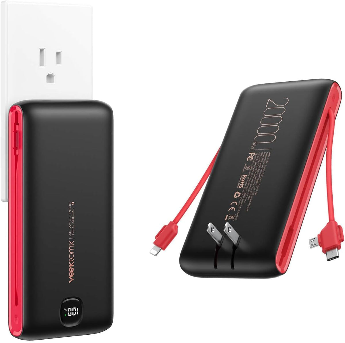 Cargador portátil VEEKTOMX de 10000 mAh con cables integrados y enc...