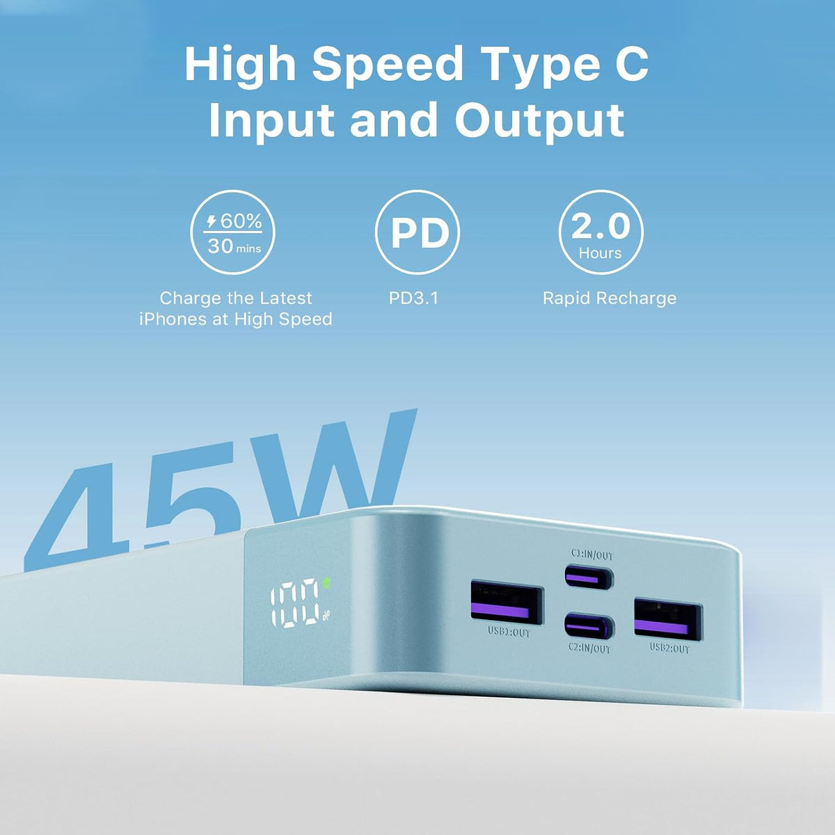 Cargador portátil JUOVI Power Bank 45W 20000mAh | PD QC carga rápid...