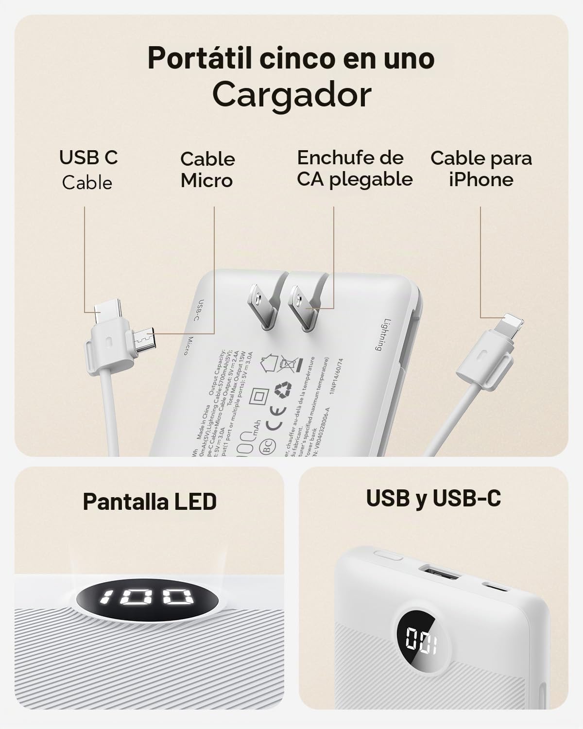 Cargador portátil VRURC, cables integrados en el banco de energía y...