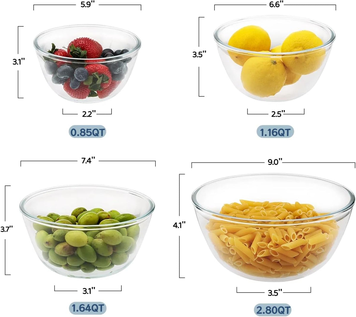 Cuiselect Juego de 4 tazones de mezcla de vidrio (2.65L, 1.57L, 1.1...