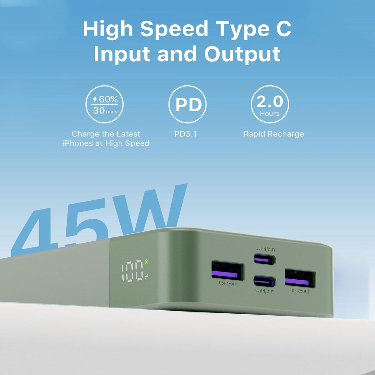 Cargador portátil JUOVI Power Bank 45W 20000mAh | PD QC carga rápid...