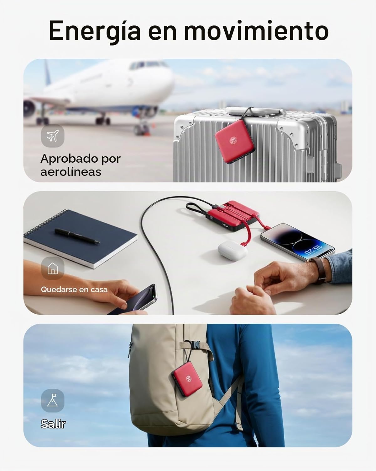 VRURC 10000mAh Cargador portátil Banco de energía Cables incorporad...