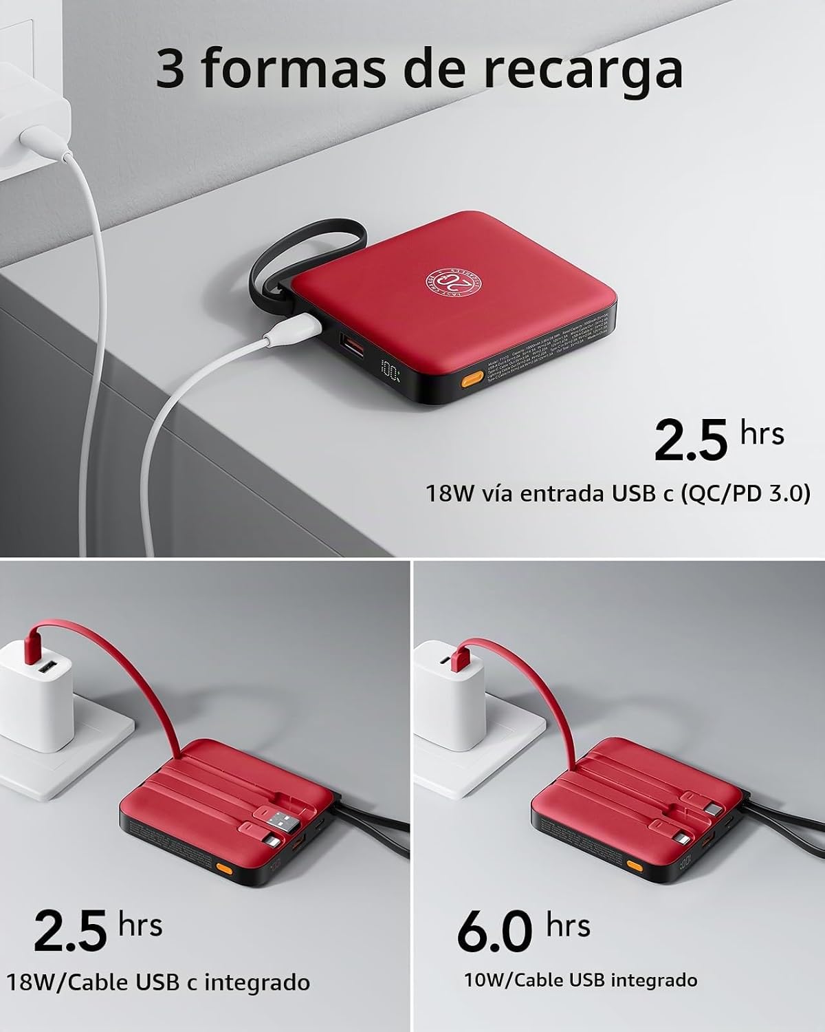 VRURC 10000mAh Cargador portátil Banco de energía Cables incorporad...