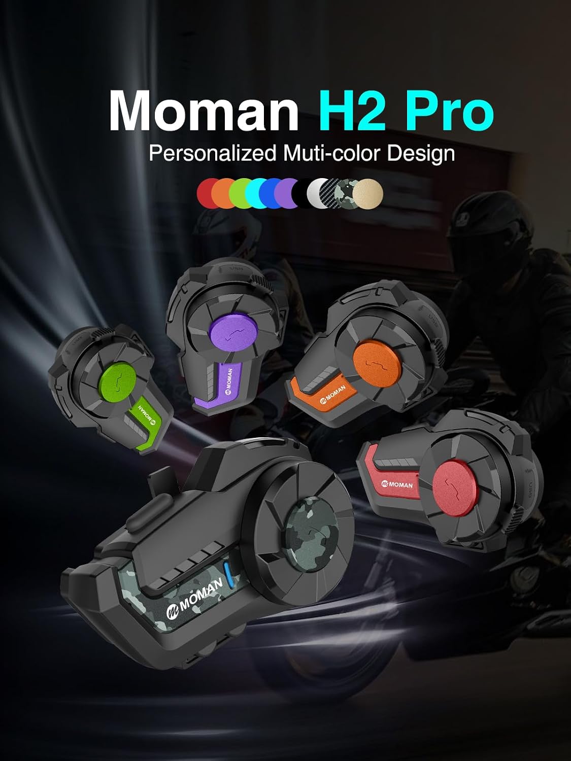 Intercomunicador para motocicleta, Moman H2 Pro【1 paquete Carbon】 S...