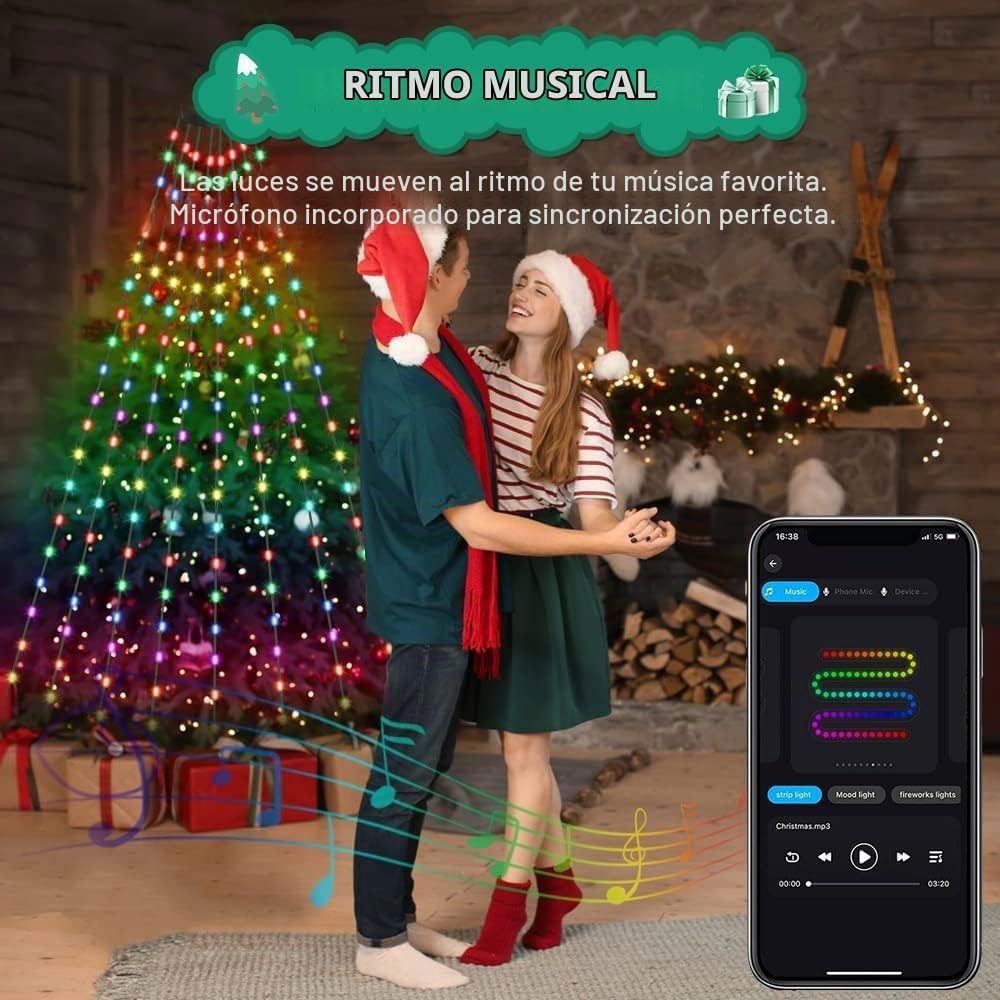 Cadena de luces para árbol de Navidad con anillo, control remoto in...
