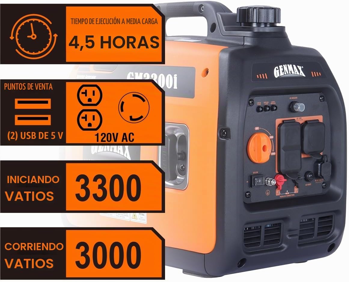 GENMAX Generador portátil, 3300W, motor de gas ultra silencioso, co...