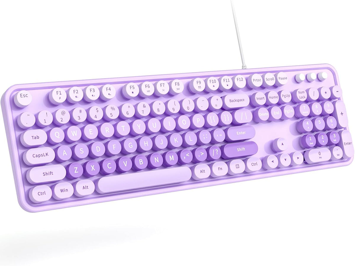 MOWUX Teclado de computadora con cable, teclado USB redondo retro P...