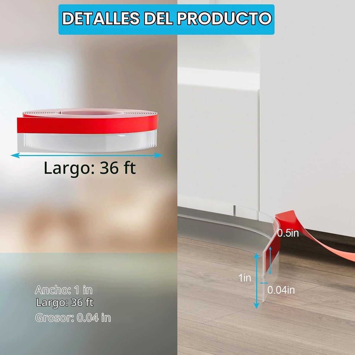 Pluden Burlete de silicona de 1 pulgada x 36 pies, sello autoadhesi...