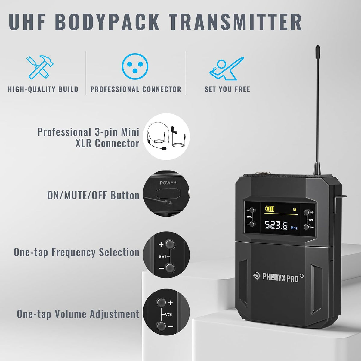 Phenyx Pro Micrófonos inalámbricos de mano/bodypack UHF de 4 canale...