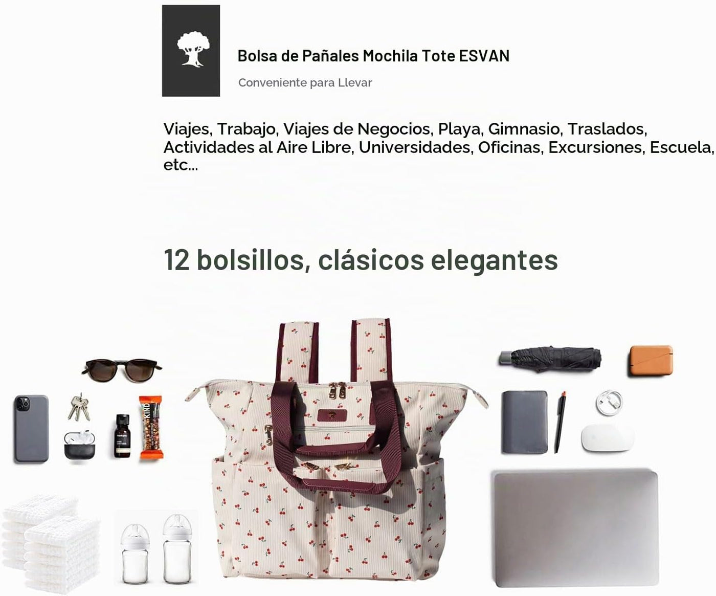 ESVAN Bolsa de pañales Totepack Mochila 2 en 1 para mujer, multifun...