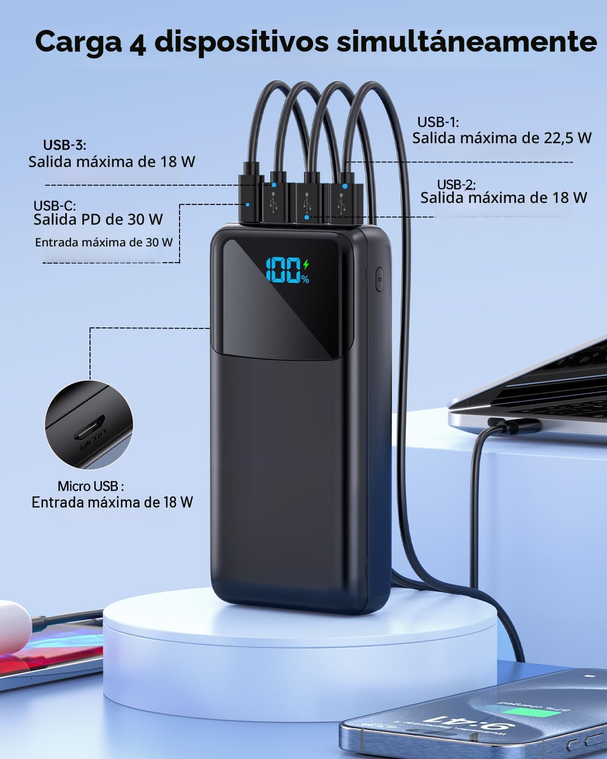 Cargador portátil Power Bank 50000mAh, PD 30W y QC 4.0 Carga rápida...