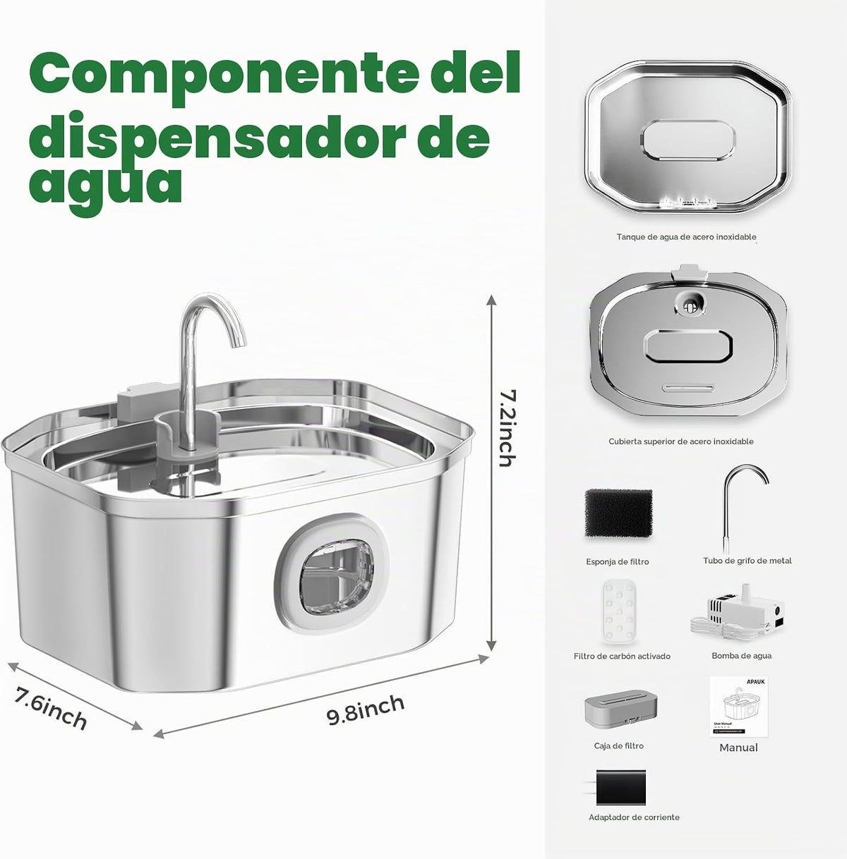 Fuente de Agua para Gatos de Acero Inoxidable 108oz\/3.2L, APAUK Fu...