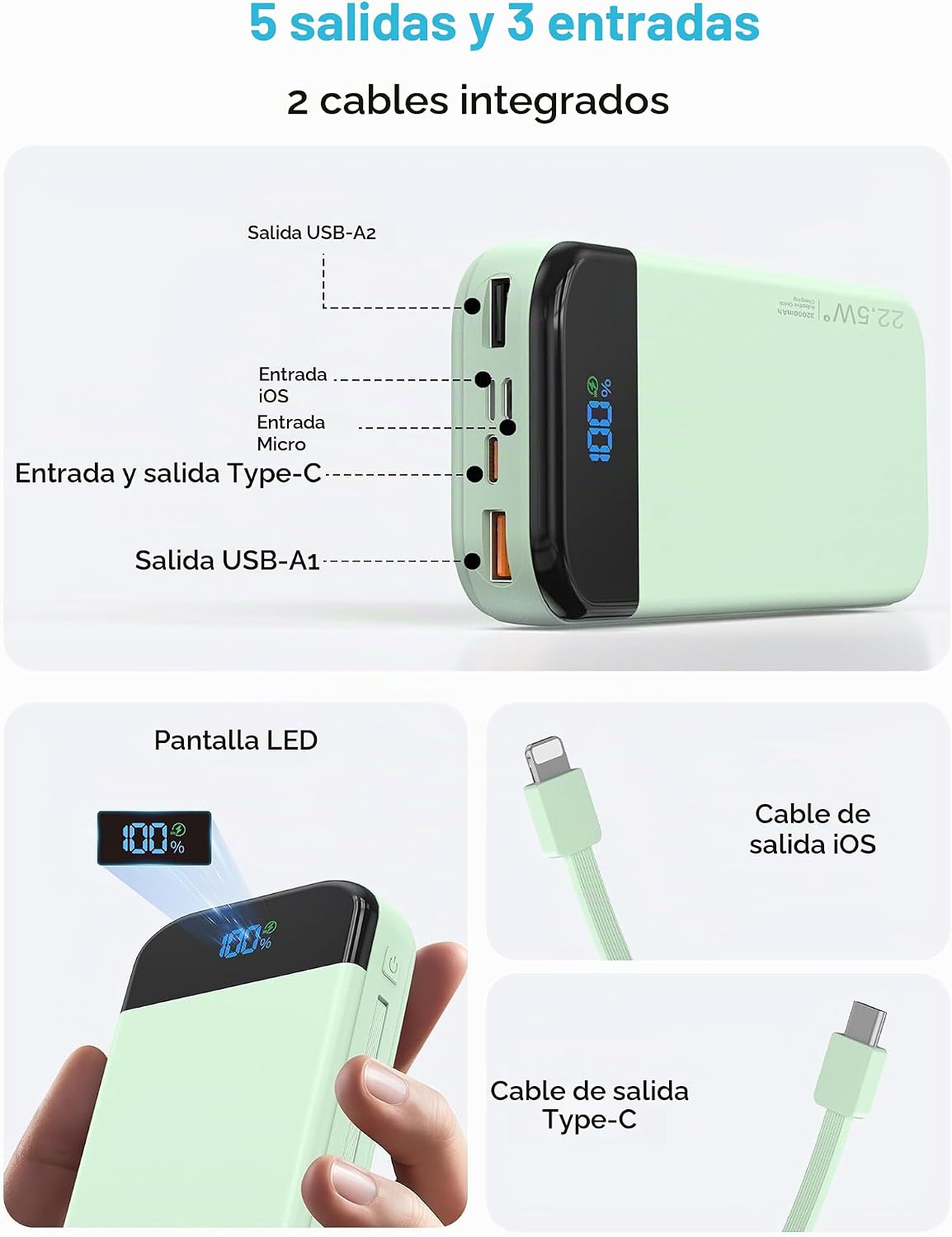 Banco de baterías para teléfono 32000 mAh 22,5 W con cables integra...