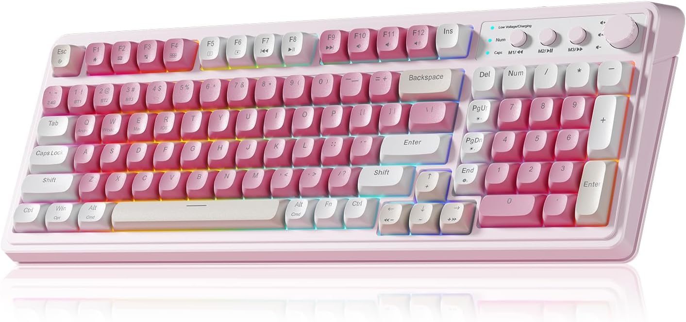 Teclado AULA de 99 teclas, teclado inalámbrico rosa para juegos, co...