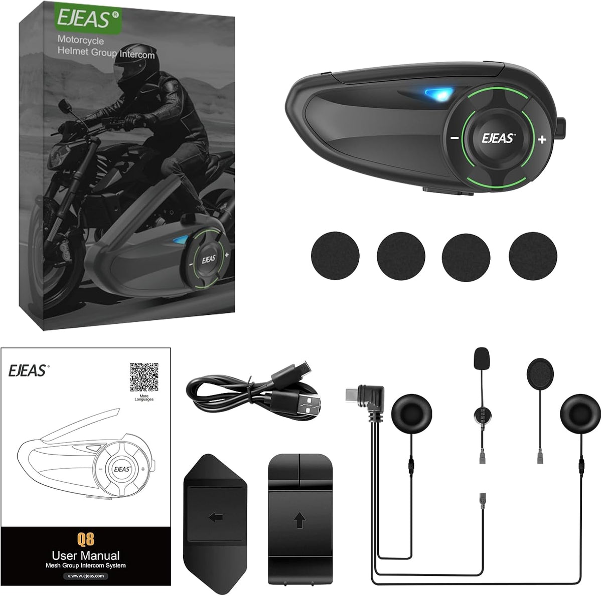 EJEAS Q8 Intercomunicador Bluetooth para casco de motocicleta, nuev...