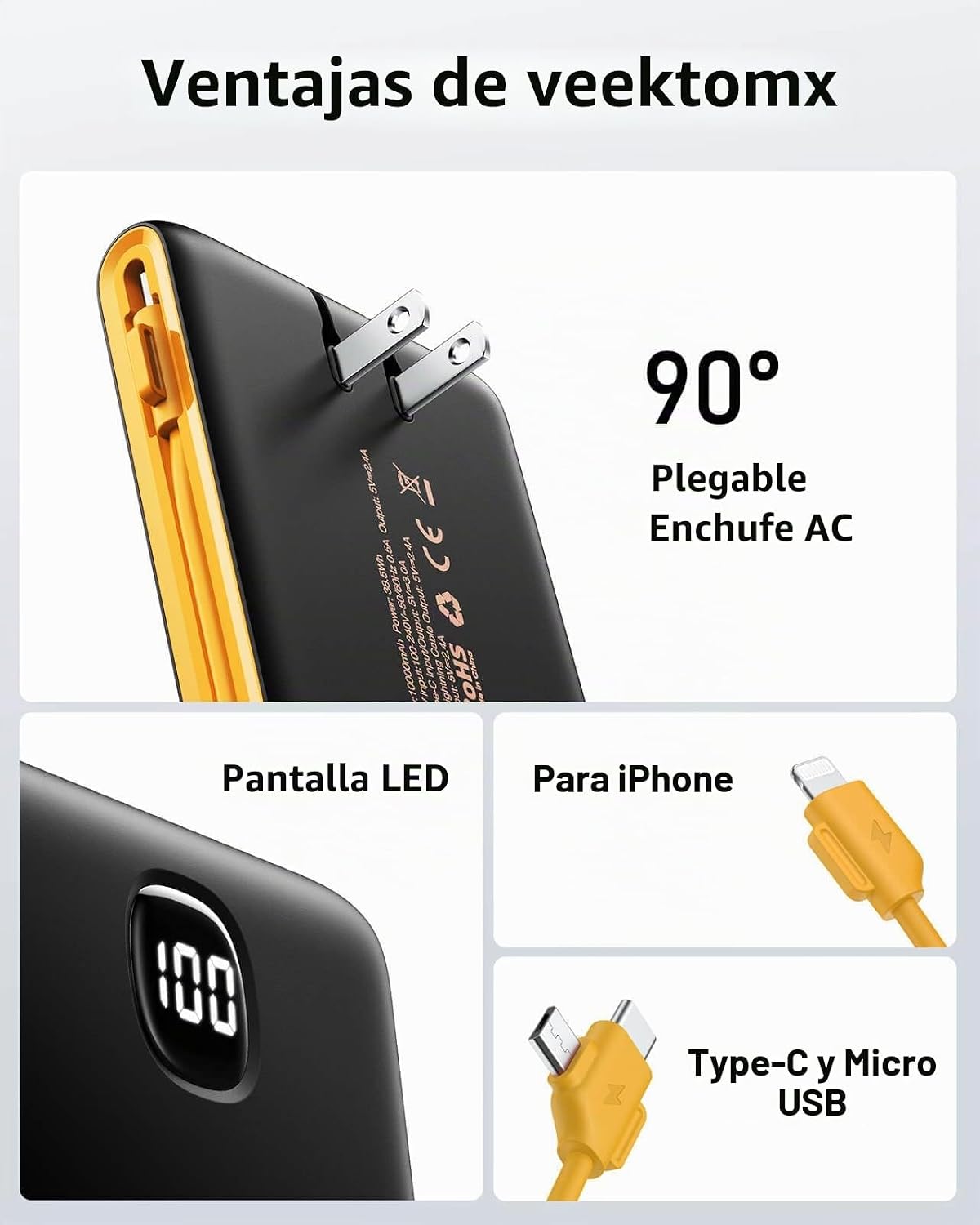 Cargador portátil VEEKTOMX de 10000 mAh con cables integrados y enc...
