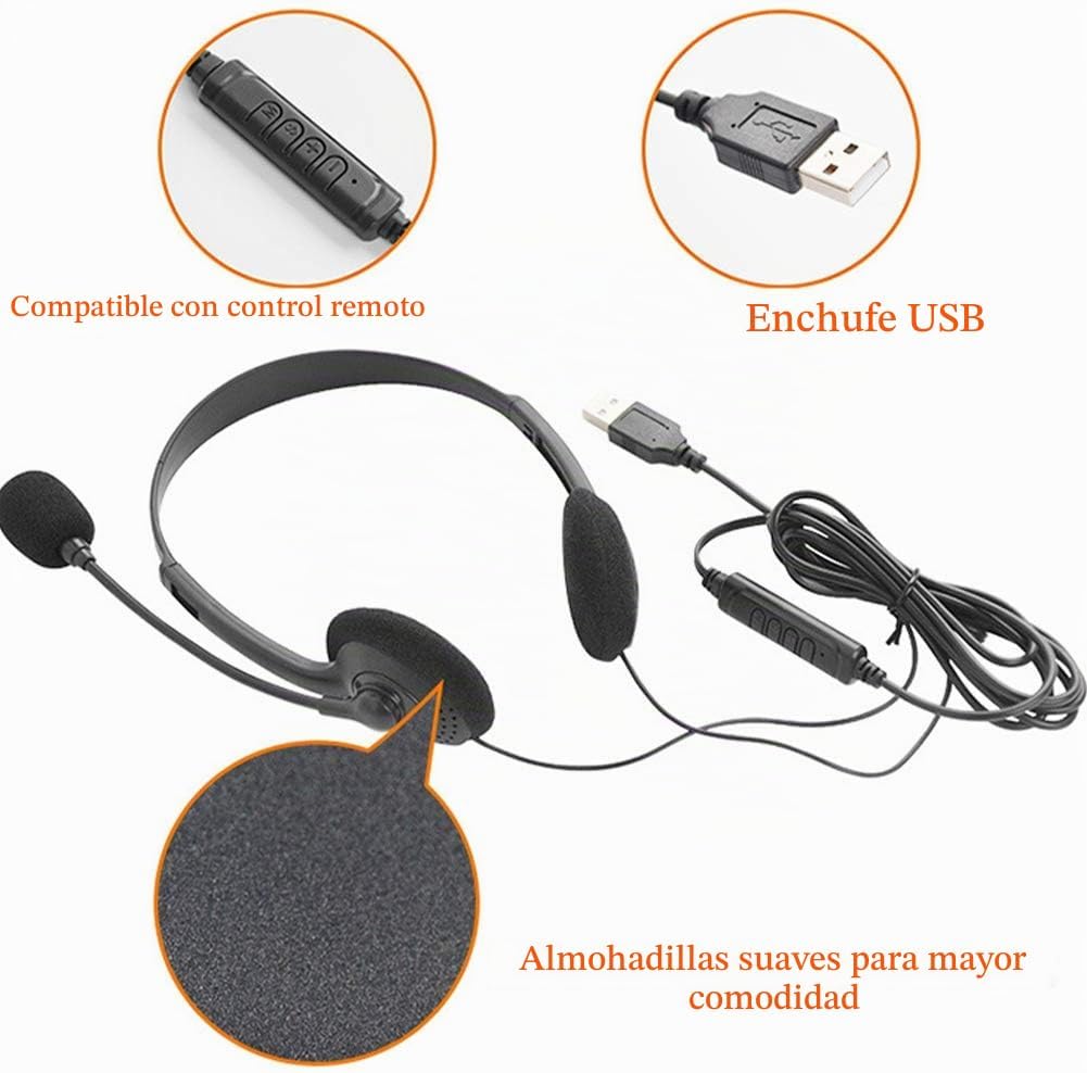 CALIDAKA Auriculares USB con micrófono, auriculares ligeros de PC p...