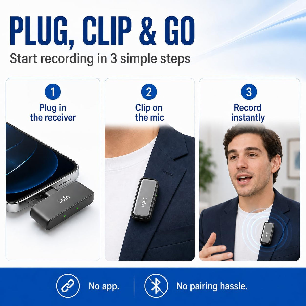 Micrófono Lavalier inalámbrico Sofn PocketGo para iPhone, teléfono,...