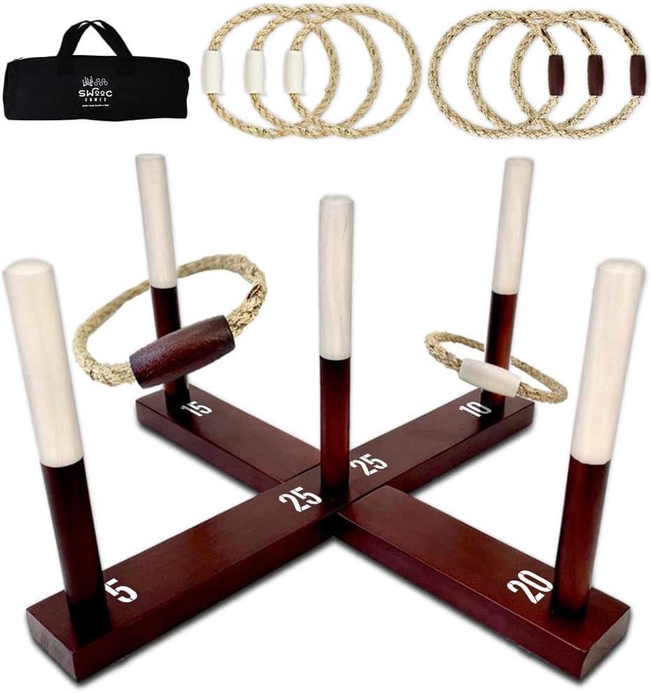 Swooc Juegos - Juego rústico de lanzamiento de anillos (todo tipo de clima) - Fácil configuración y juegos adicionales incluidos - Juego de lanzamiento de anillos para adultos - Actividades al aire