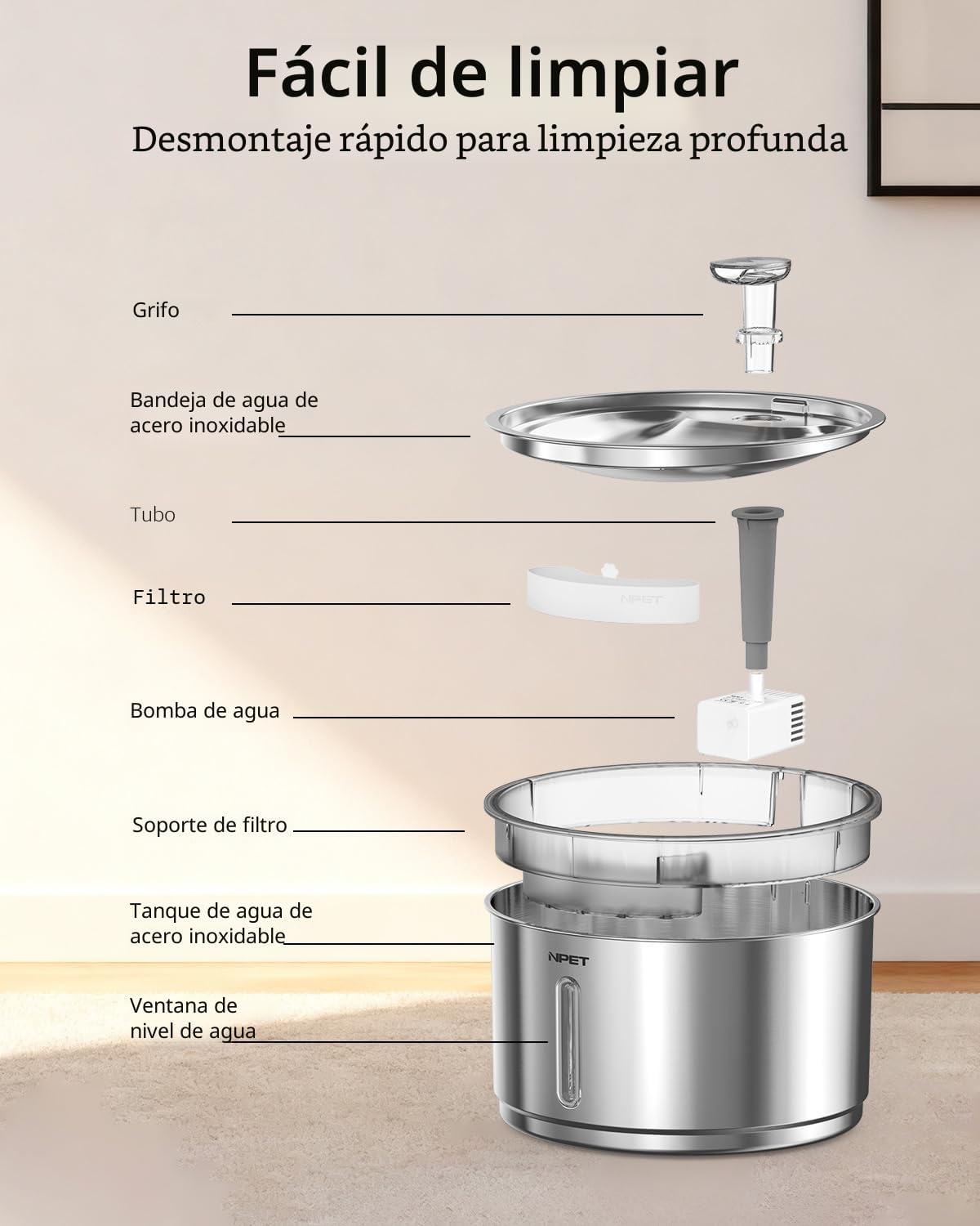 NPET Fuente de agua para gatos de acero inoxidable, dispensador aut...