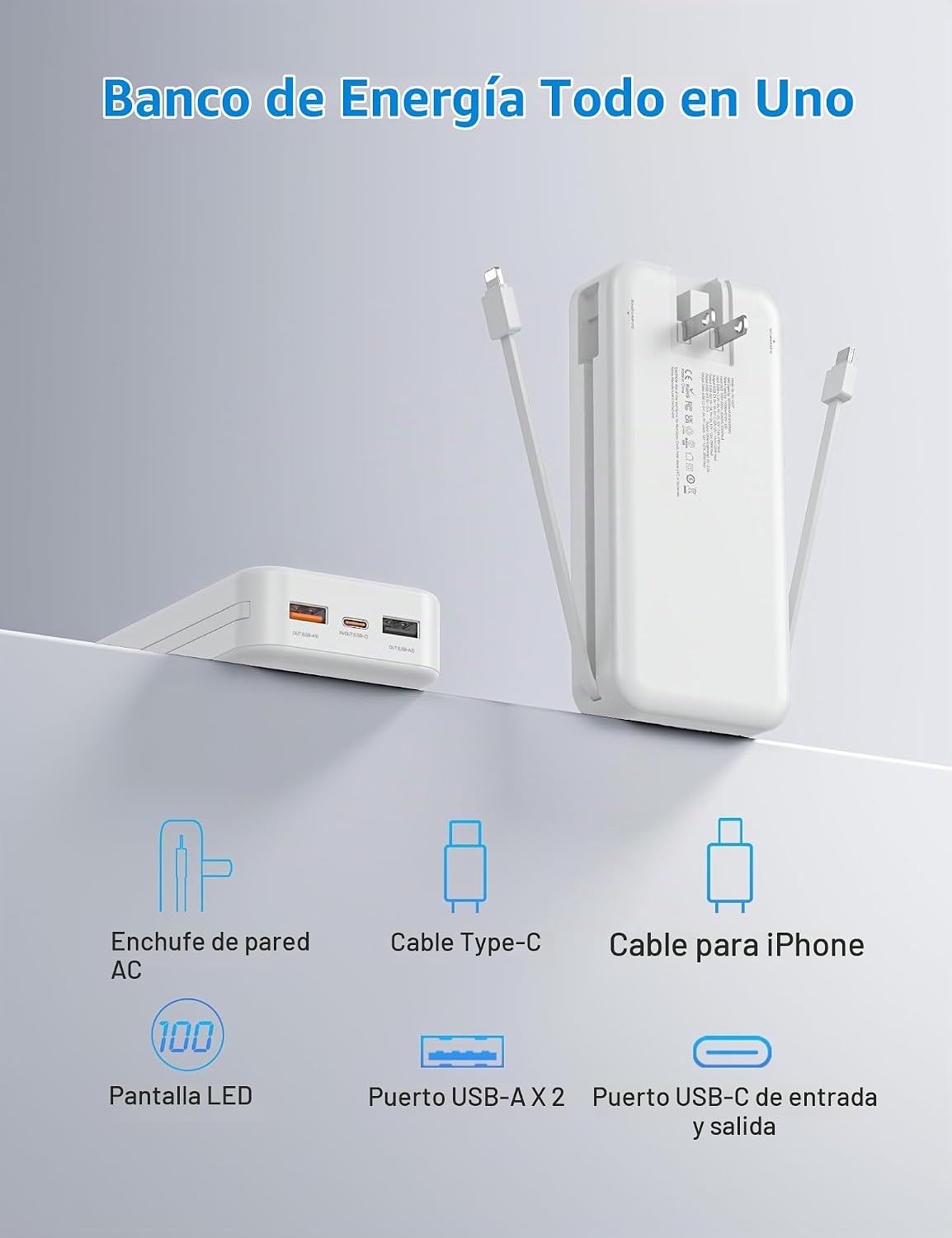 Cargador portátil Ffnpua 20000mAh PD20W con cables incorporados | C...