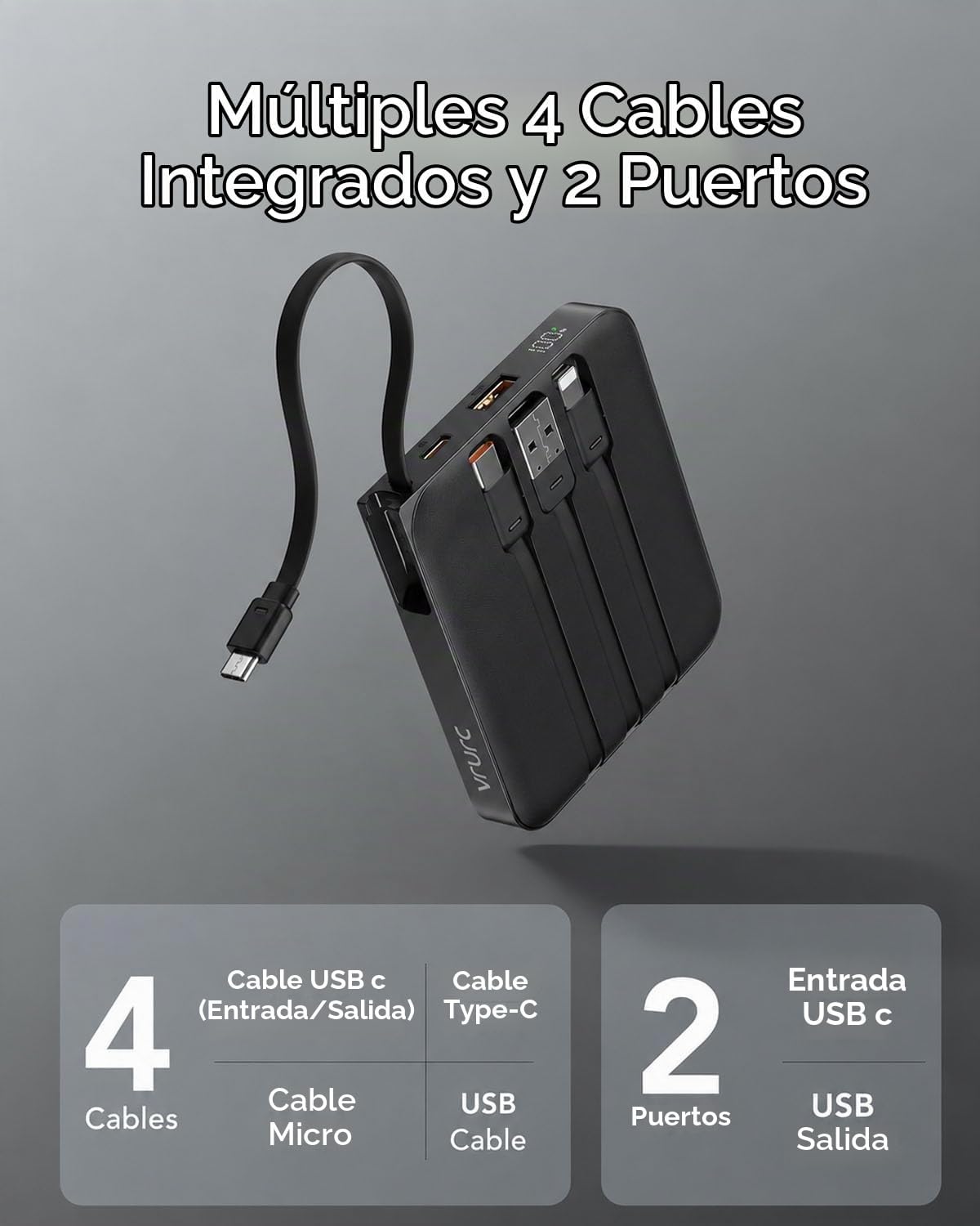 Cargador portátil VRURC con 4 cables incorporados, banco de energía...