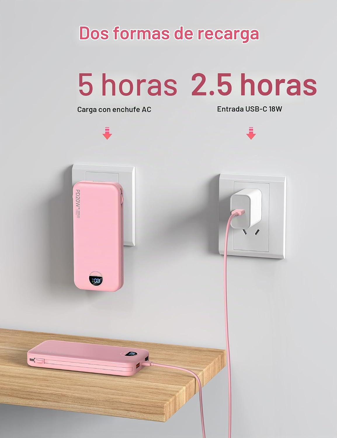 Cargador portátil Ffnpua Power Bank 10000mAh PD20W con cables incor...