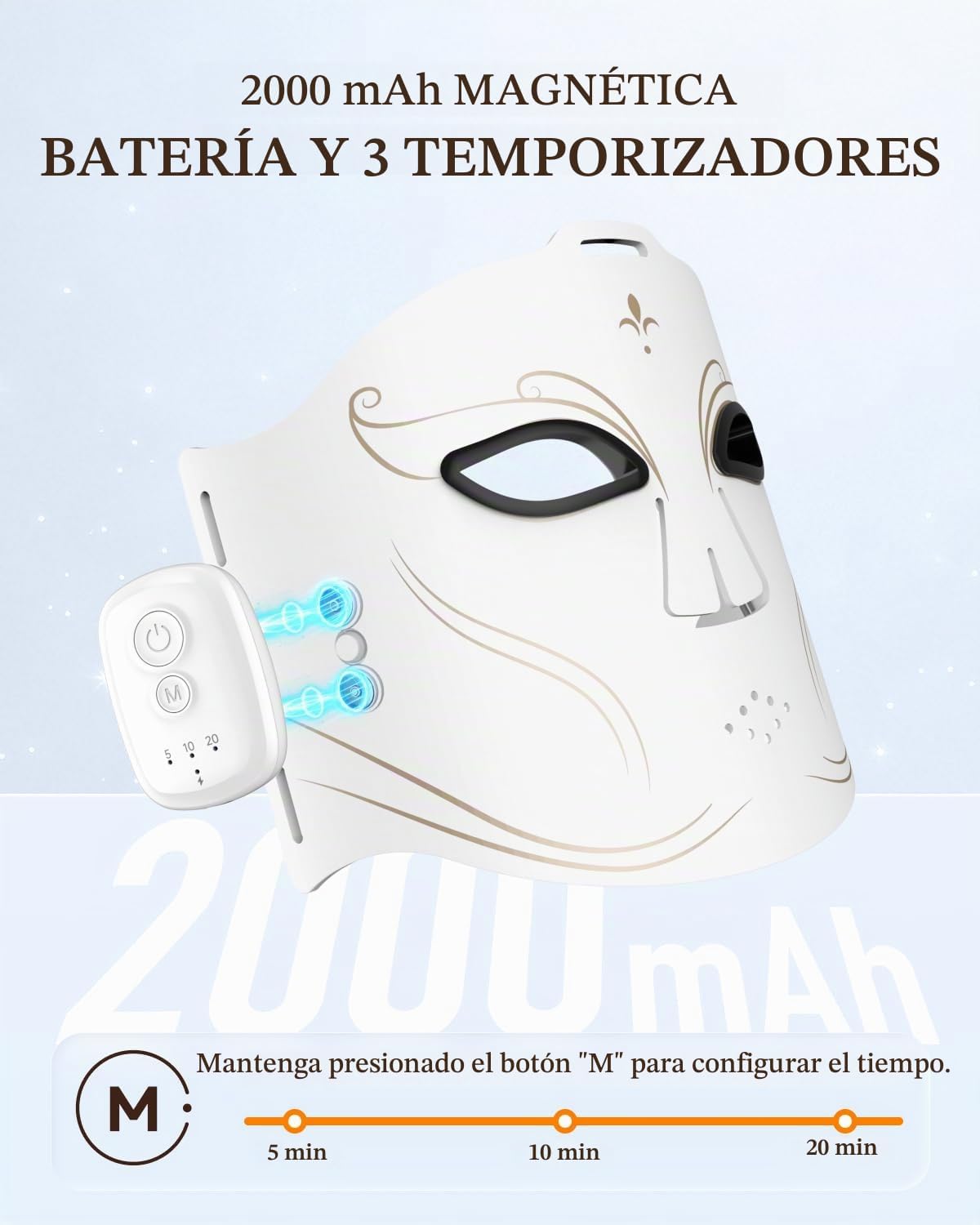 Terapia de luz con máscara facial LED, máscara inalámbrica de terap...