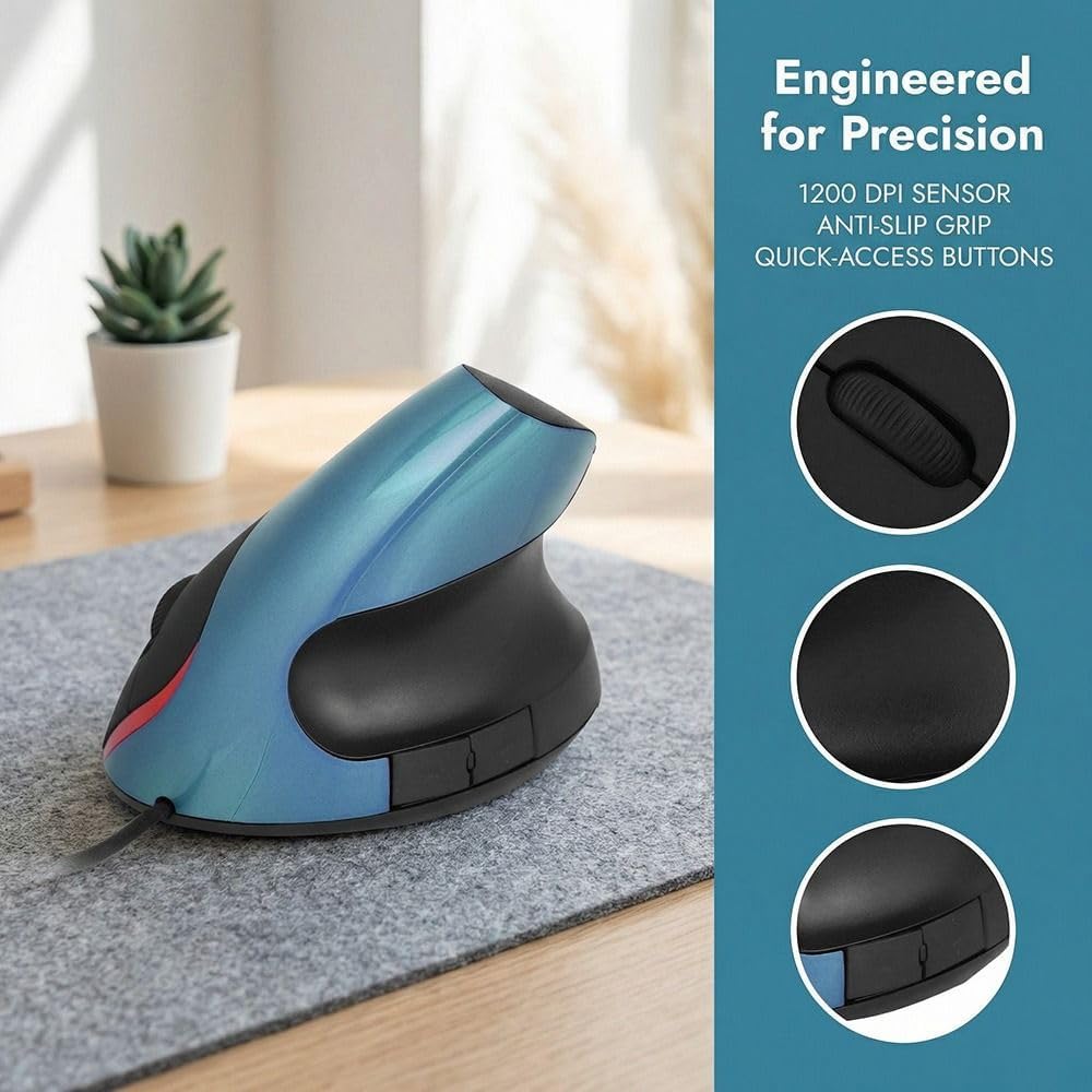 MOPFOL Ratón vertical 1200DPI - Diseño ergonómico con cable USB par...