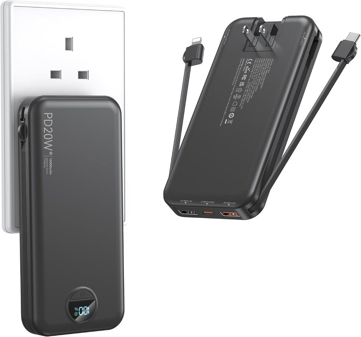 Ffnpua Cargador portátil Power Bank 10000mAh PD20W con cables incor...
