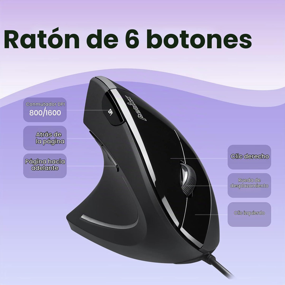 Perixx Perimice-513L - Mouse ergonómico vertical con cable con 2 DP...