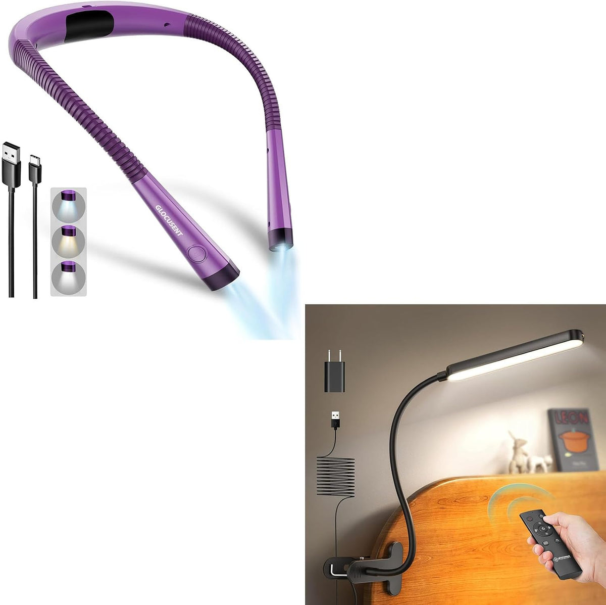 Glocusent Luz de libro, luz de cuello flexible para leer en la cama...