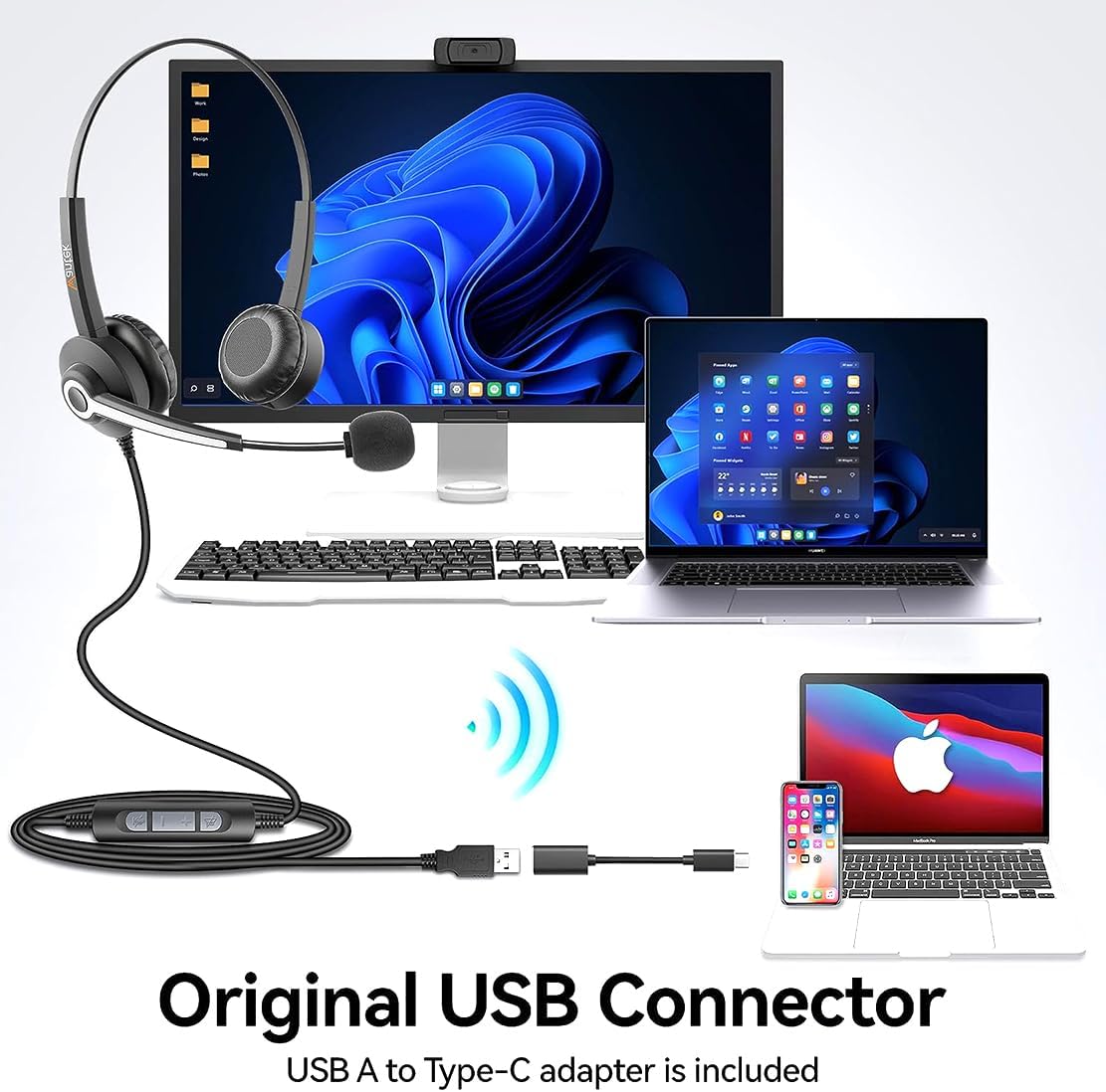 Wantek Auriculares estéreo con cable USB-A\/USB-C, ligeros, con can...