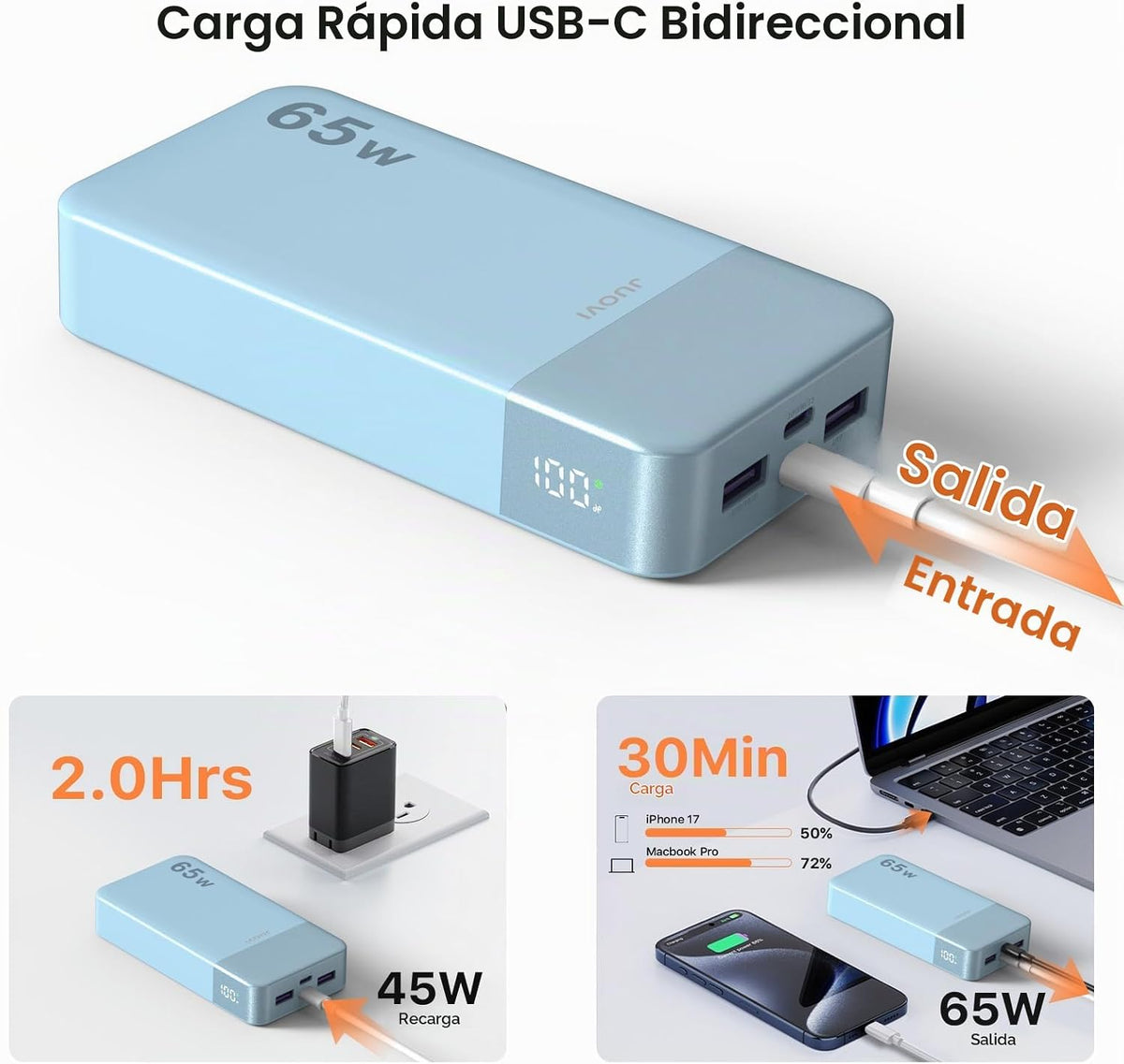 Cargador portátil para ordenador portátil JUOVI Power Bank 65W 2000...