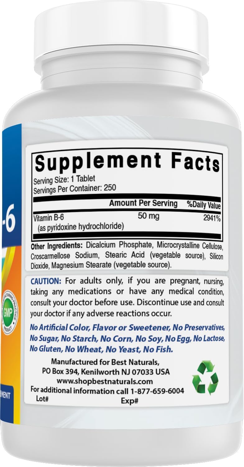 Best Naturals Vitamina B6 50 mg 250 tabletas (250 unidades (paquete...