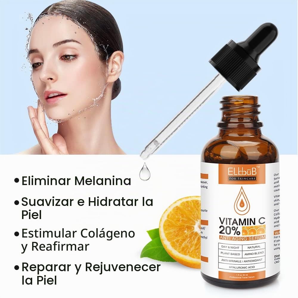 Suero de vitamina C prémium al 20% para la cara con ácido hialuróni...