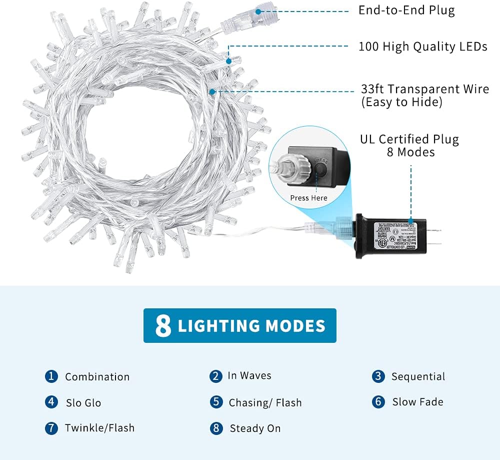 VTECHOLOGY Luces de Cadena de Navidad, 33 pies, 100 LEDs Azules Luc...