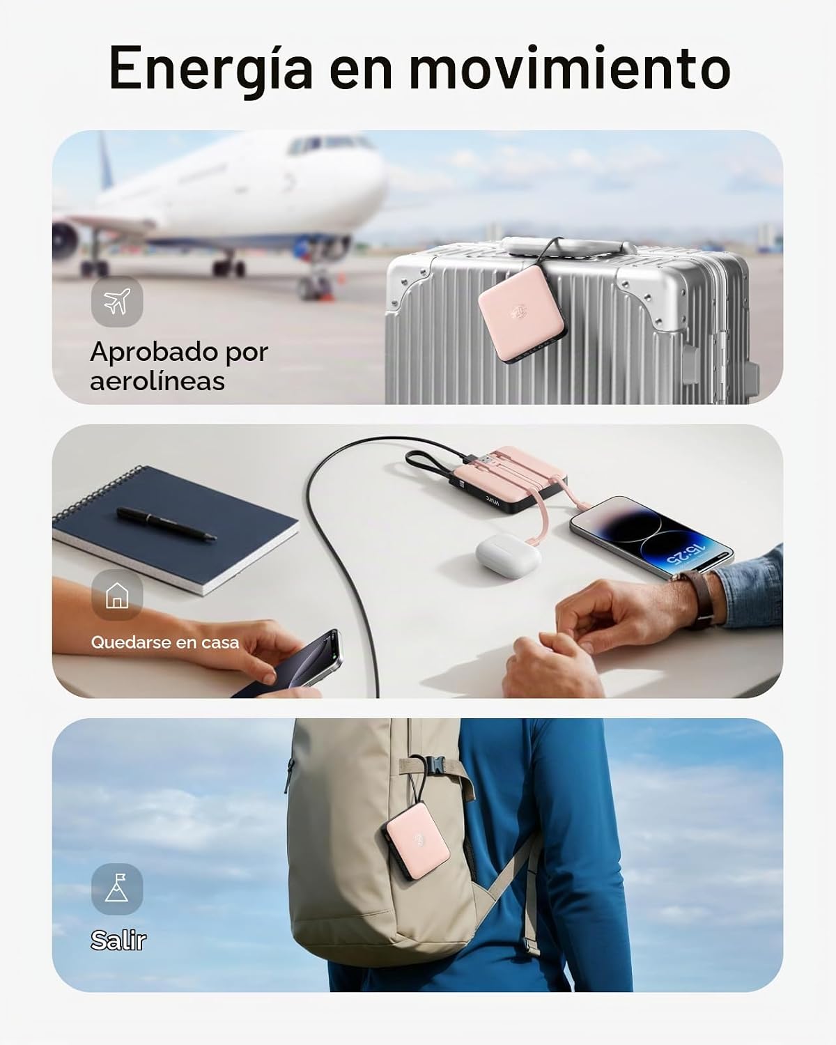 VRURC Cargador portátil para iPhone cables incorporados, banco de e...