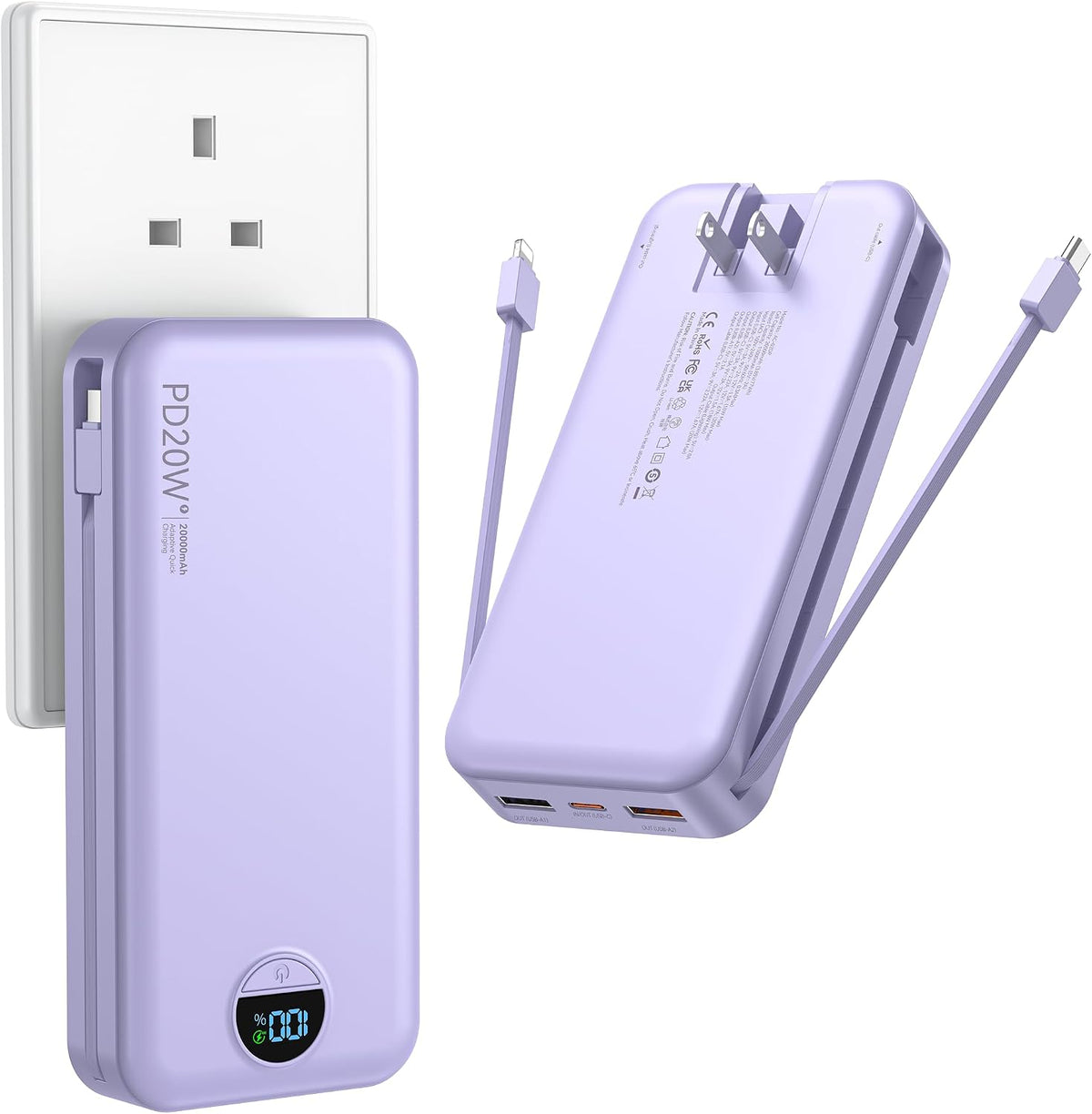Cargador portátil Ffnpua 20000mAh PD20W con cables incorporados | C...