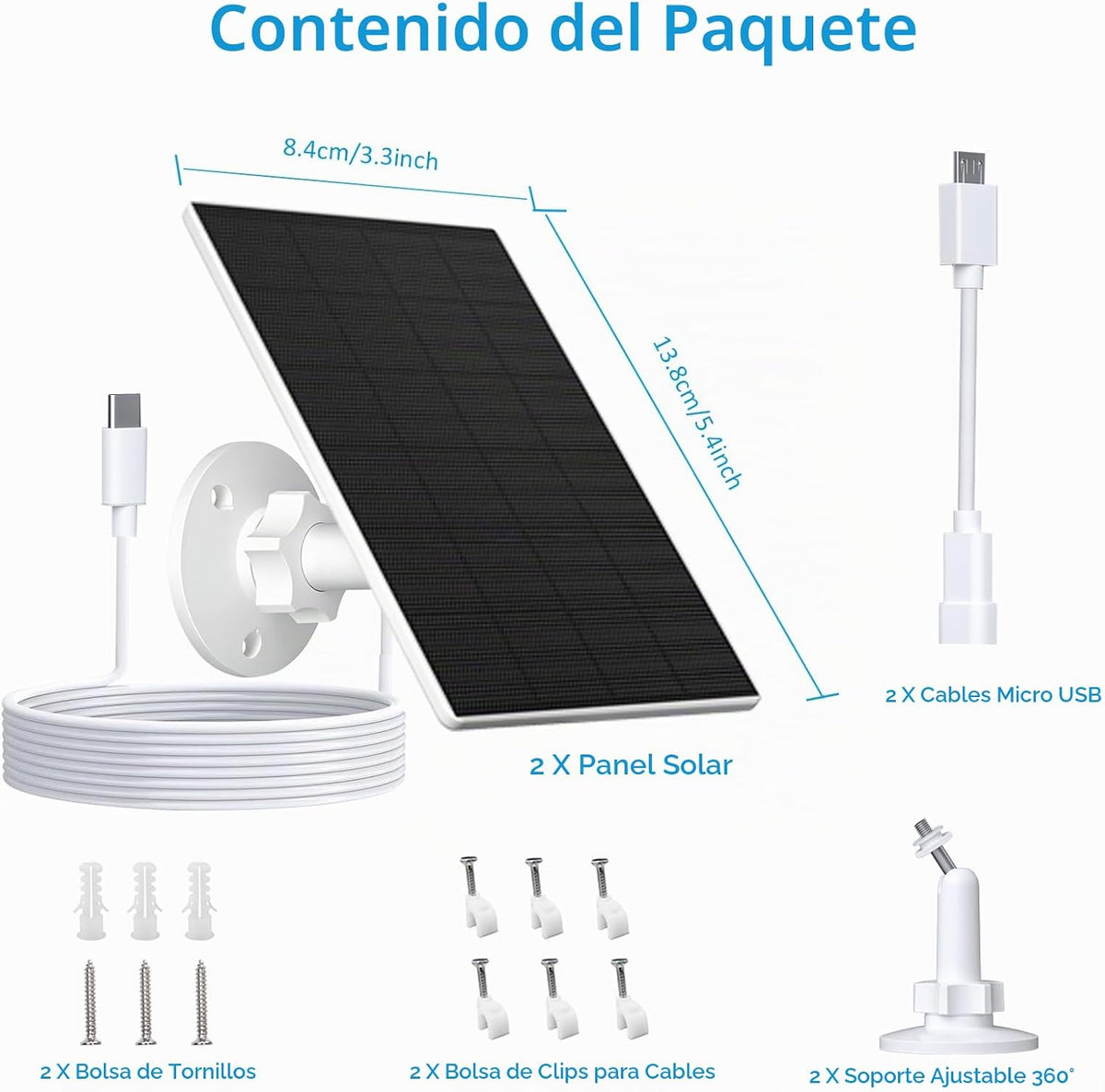 VUEBEE Panel solar de 2 W para cámaras de seguridad, USB-C\/Micro U...