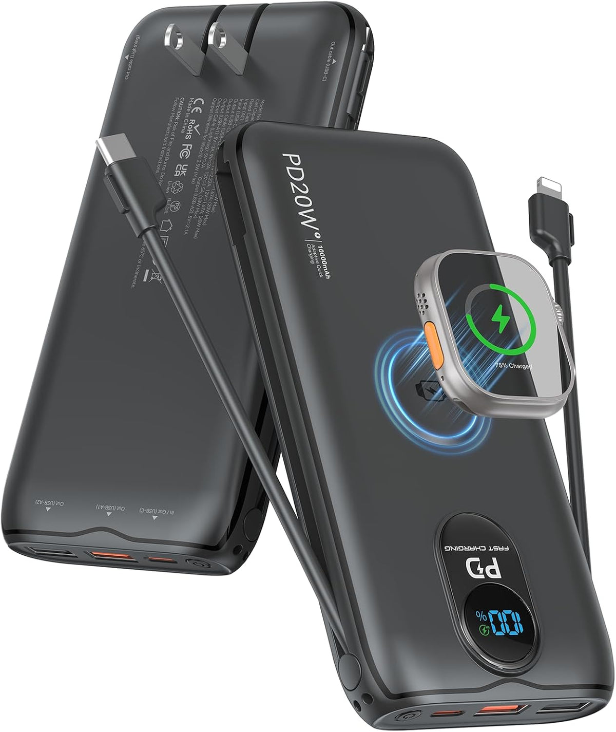 Cargador portátil Power Bank 10000mAh PD20W con cables incorporados...