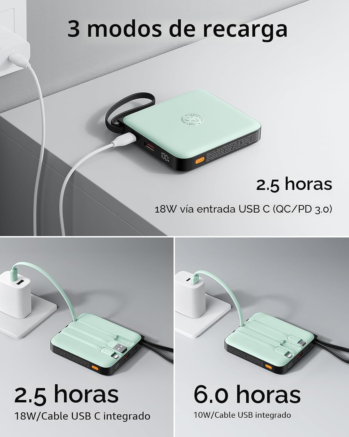VRURC Cargador portátil con cable incorporado, batería USB C de car...