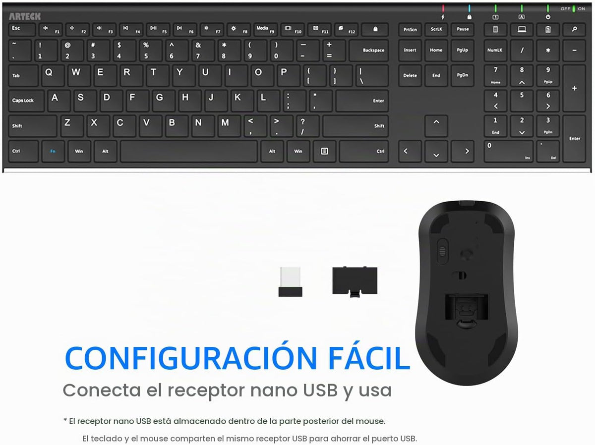 Arteck Combo de teclado y mouse inalámbricos 2.4G de acero inoxidab...