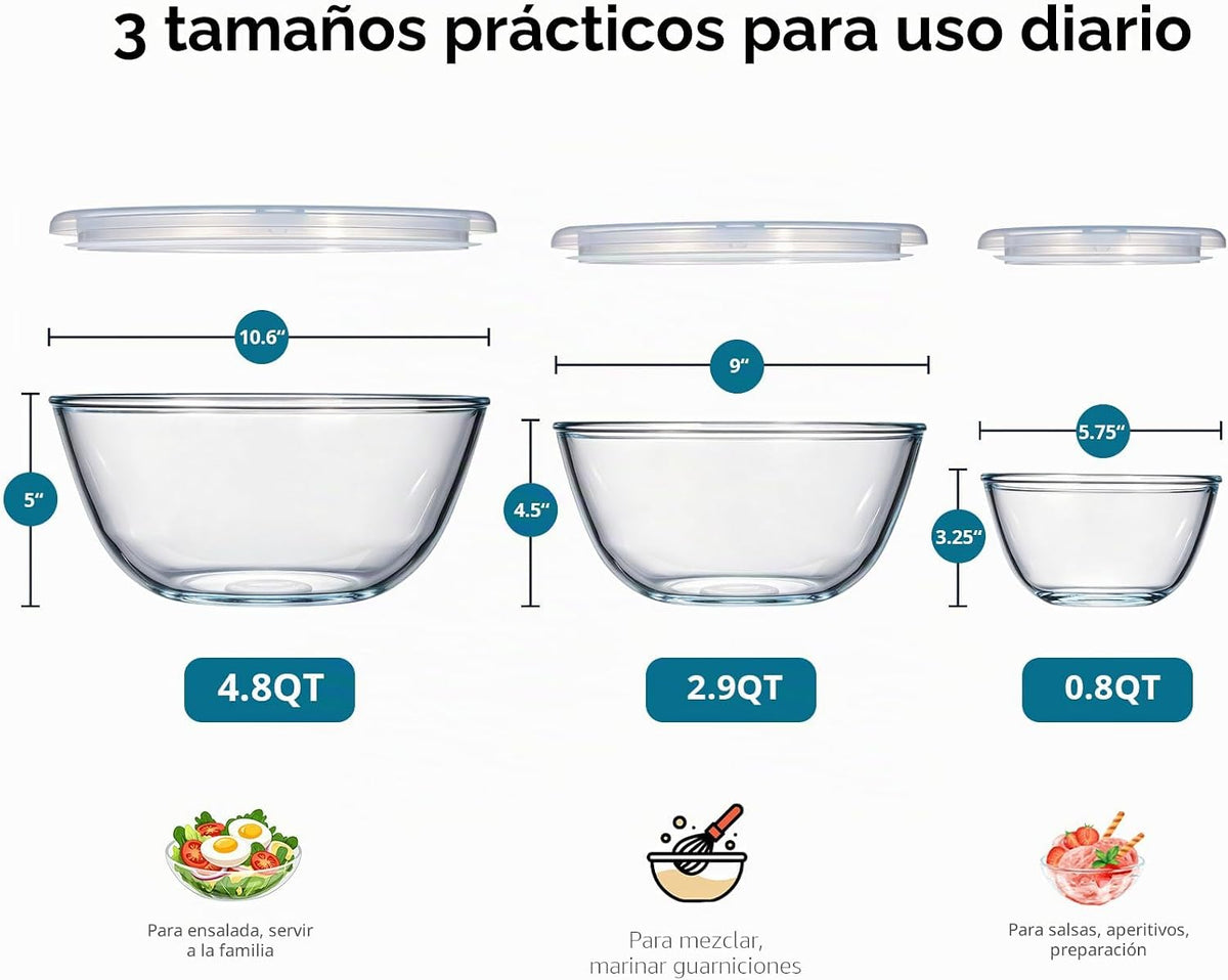 E-far Juego de 3 cuencos de vidrio transparente para mezclar con ta...